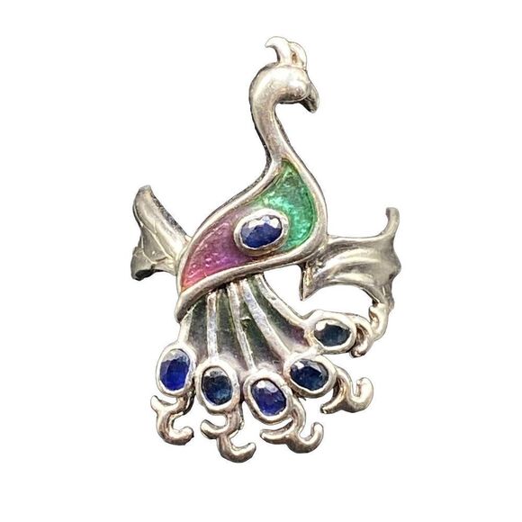 Sterling Silver 925 pink green enamel peacock ring with six oval blue sapphires - Picture 3 of 10